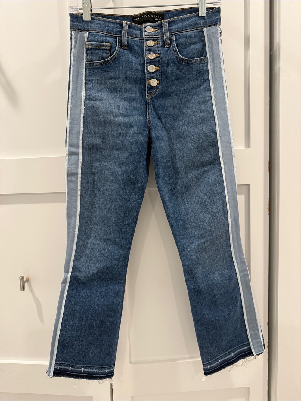 Veronica Beard Caroline Cut Two-Tone Blue Straight-Leg Jeans with Side Stripe